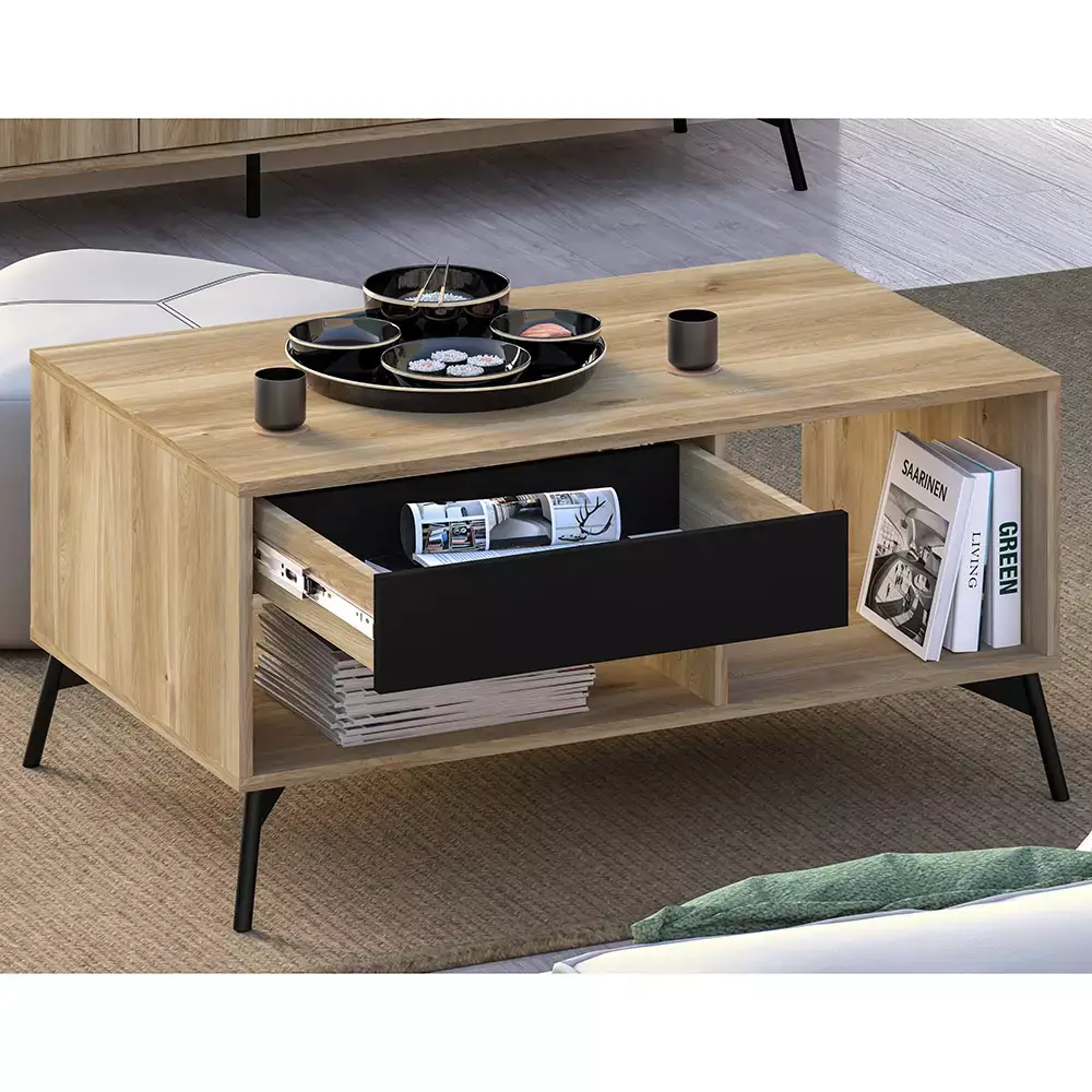 Lomadox Couchtisch 100 cm mit Schublade ARONA-131 in Castello Eiche Nb. mit schwarz, B/H/T: ca. 100/47,5/60 cm