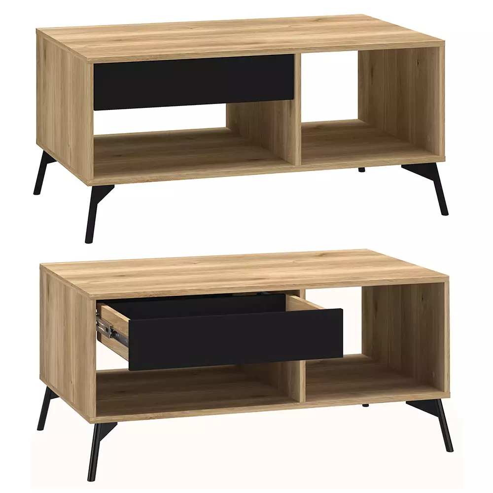 Lomadox Couchtisch 100 cm mit Schublade ARONA-131 in Castello Eiche Nb. mit schwarz, B/H/T: ca. 100/47,5/60 cm Vatertagsangebot