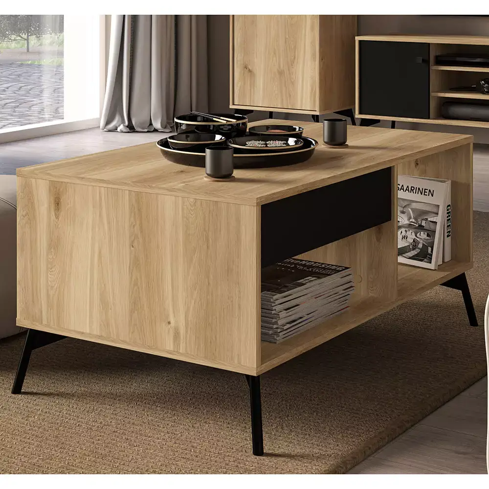 Lomadox Couchtisch 100 cm mit Schublade ARONA-131 in Castello Eiche Nb. mit schwarz, B/H/T: ca. 100/47,5/60 cm Vatertagsangebot