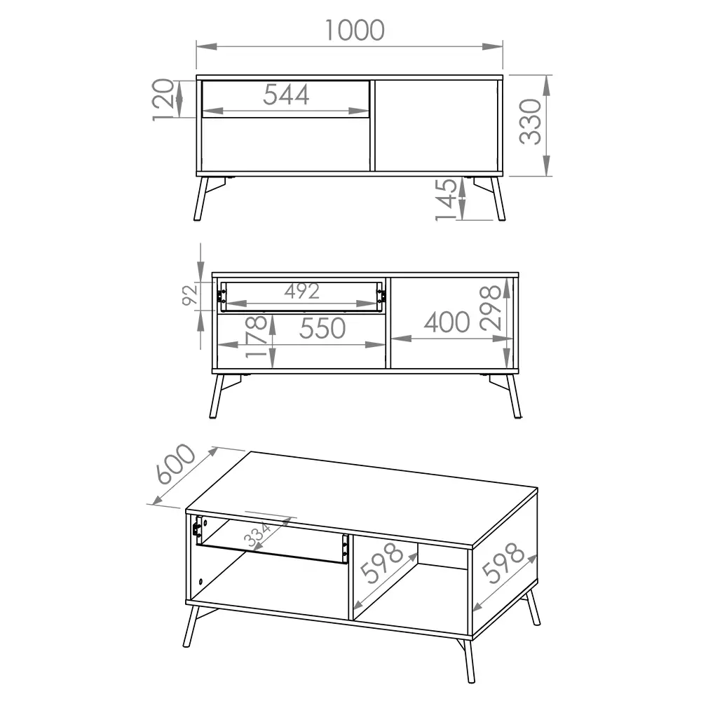 Lomadox Couchtisch 100 cm mit Schublade ARONA-131 in Castello Eiche Nb. mit schwarz, B/H/T: ca. 100/47,5/60 cm Vatertagsangebot