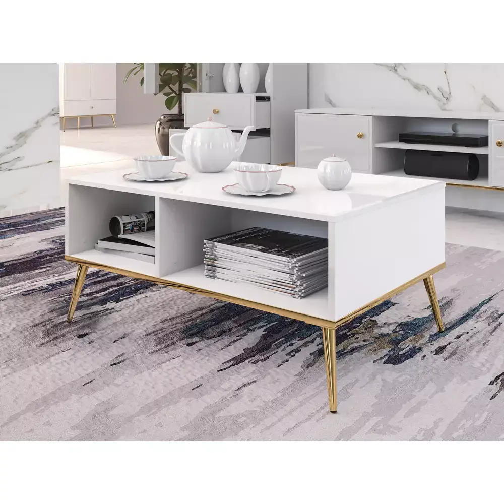 Lomadox Couchtisch in weiß Hochglanz mit goldfarbenen Füßen GUBIN-131, B/H/T: ca. 90/42/60 cm Valentinstagsangebot