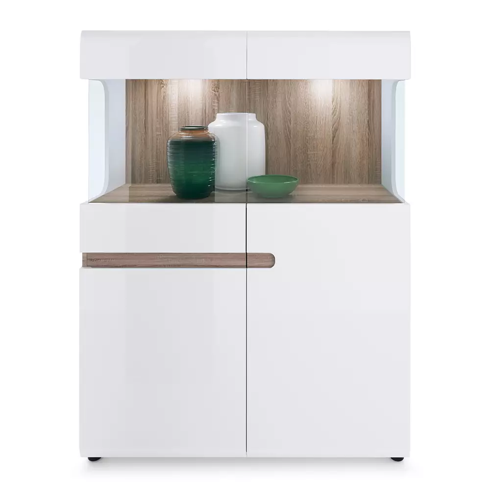 Lomadox Ess-/Wohnzimmer Highboard mit Beleuchtung in weiß Hochglanz mit Trüffel Eiche Nb. LEGNICA-129, B/H/T ca. 109,5/143,5/42 cm Lagerräumung
