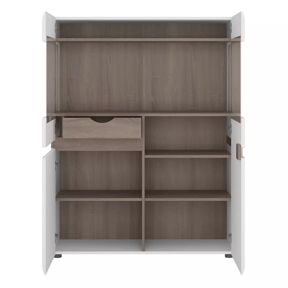 Lomadox Ess-/Wohnzimmer Highboard mit Beleuchtung in weiß Hochglanz mit Trüffel Eiche Nb. LEGNICA-129, B/H/T ca. 109,5/143,5/42 cm Lagerräumung