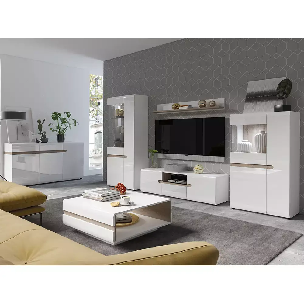 Lomadox Ess-/Wohnzimmer Highboard mit Beleuchtung in weiß Hochglanz mit Trüffel Eiche Nb. LEGNICA-129, B/H/T ca. 109,5/143,5/42 cm Lagerräumung