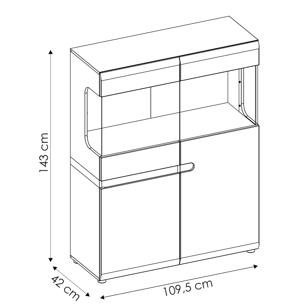 Lomadox Ess-/Wohnzimmer Highboard mit Beleuchtung in weiß Hochglanz mit Trüffel Eiche Nb. LEGNICA-129, B/H/T ca. 109,5/143,5/42 cm Lagerräumung