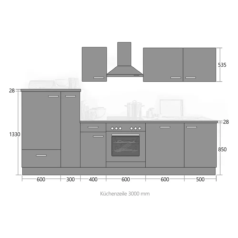 Lomadox Komplettküche Premium Schiefer grau 300cm MANCHESTER-87 inklusive E-Geräte, Geschirrspüler und Apothekerschrank 300cm Neuheiten