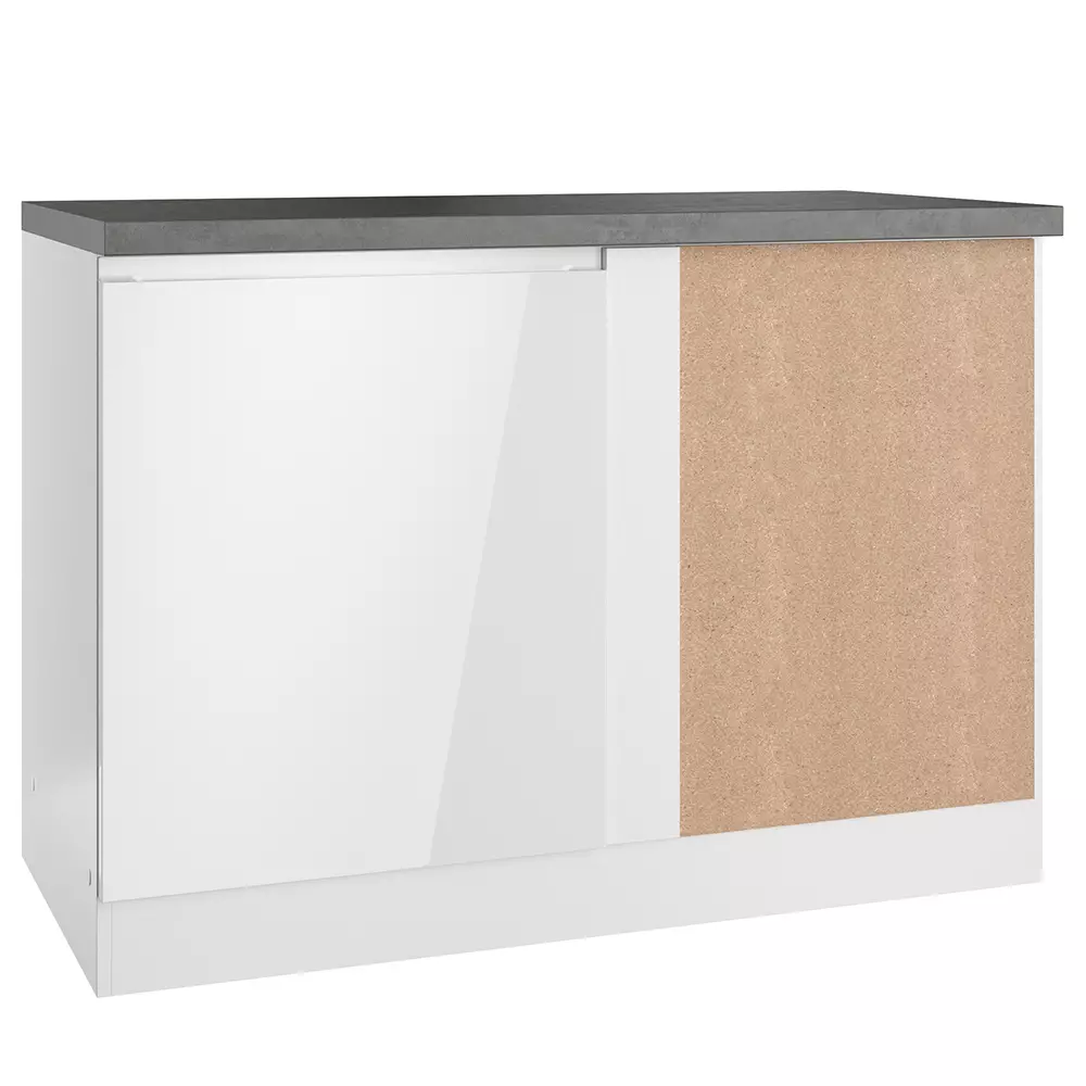 Lomadox Eckunterschrank 120 cm in Hochglanz weiß, Arbeitsplatte Betonoptik MARSEILLE-03 VIP-Rabatte