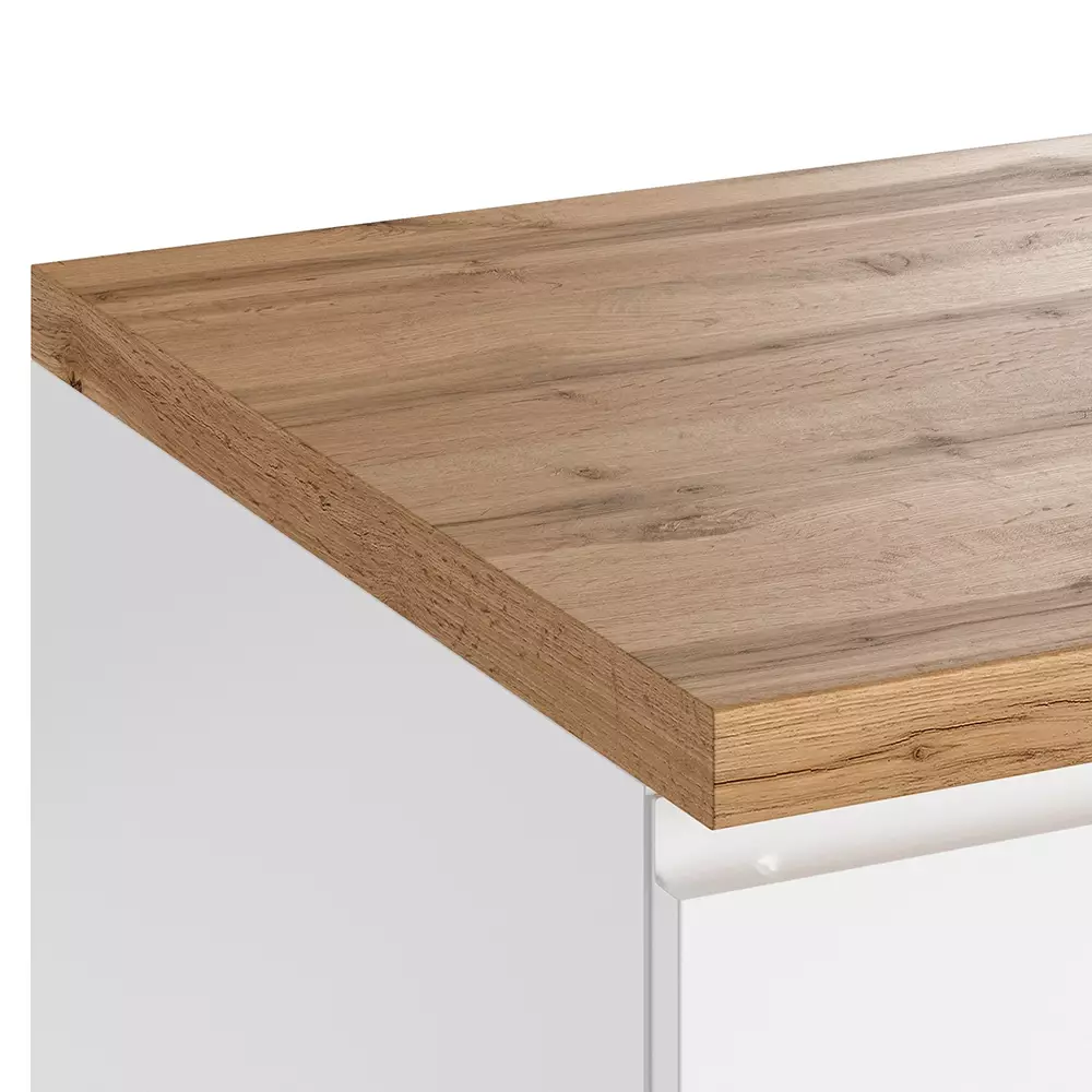 Lomadox Eckunterschrank 120 cm in Hochglanz weiß, Arbeitsplatte Eiche MARSEILLE-03 Tiefpreis