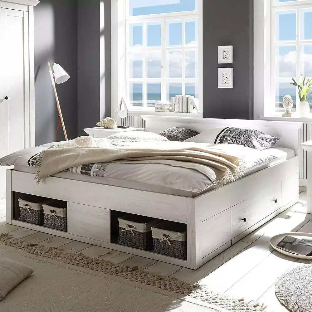 Lomadox Doppelbett Ehebett inkl. 2x Bettschubkasten & 4 Körbe180x200cm WINGST-61 Pinie weiß B/H/T ca. 195x92x212cm Neueste Mode