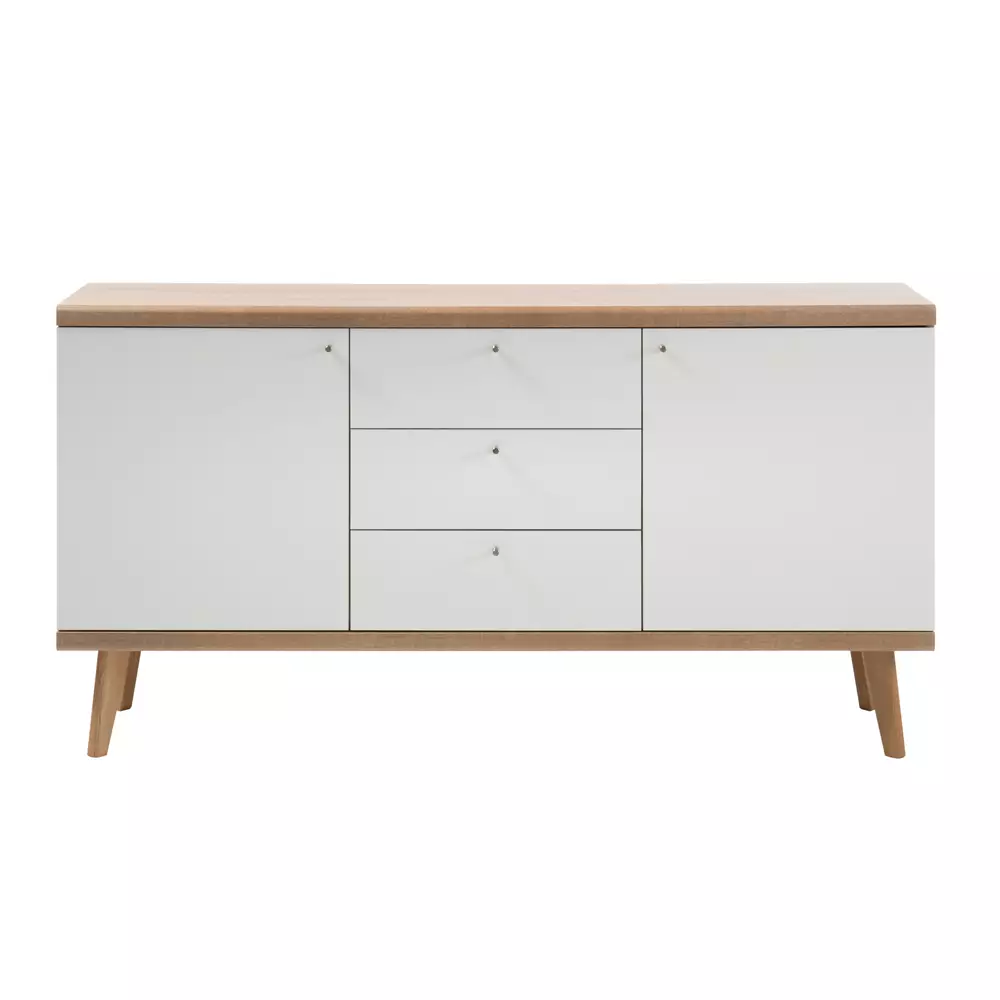 Lomadox Wohnzimmer Sideboard MAINZ-61 Retro skandinavisch weiß matt mit Eiche Riviera Nb. B/H/T ca. 160x83x40cm Online Outlet