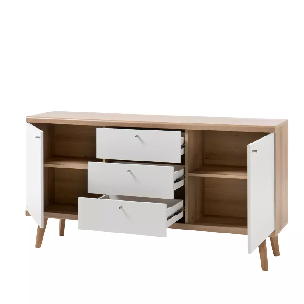 Lomadox Wohnzimmer Sideboard MAINZ-61 Retro skandinavisch weiß matt mit Eiche Riviera Nb. B/H/T ca. 160x83x40cm Online Outlet