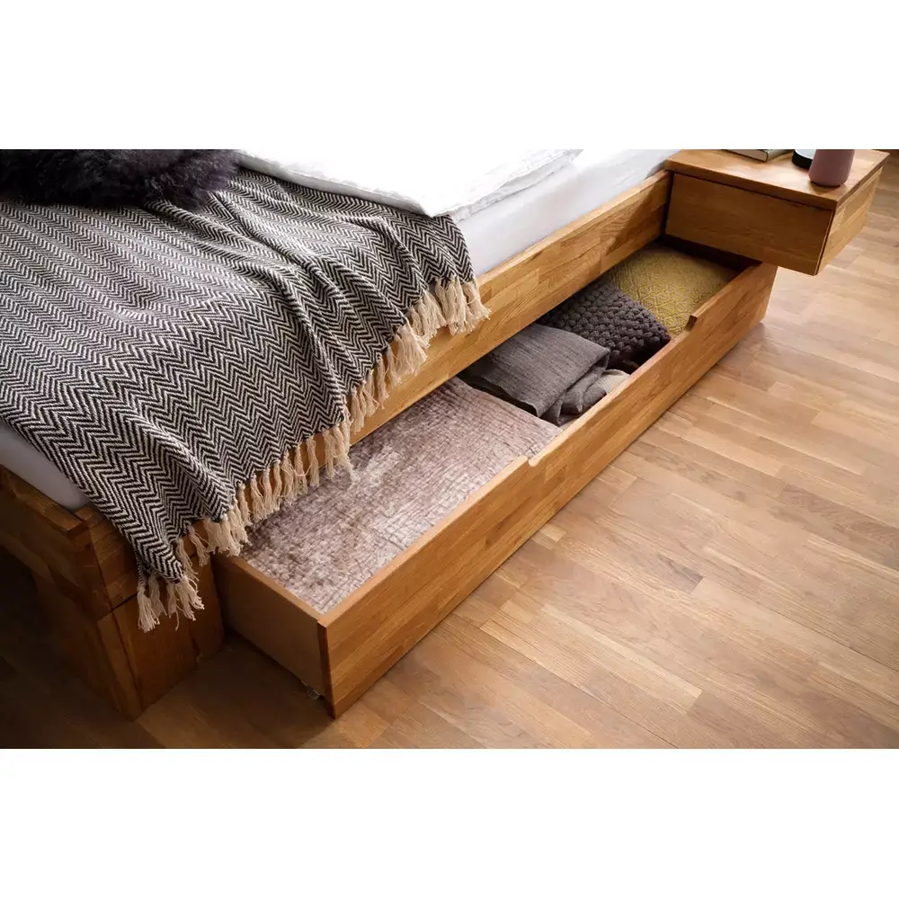 Lomadox 160x200 cm Massivholz Bettgestell mit Schwebe-Nachttischen und Bettschubkästen NORDDEICH-137 in Wildeiche massiv, B/H/T: ca. 252/88/213 cm VIP-Rabatte