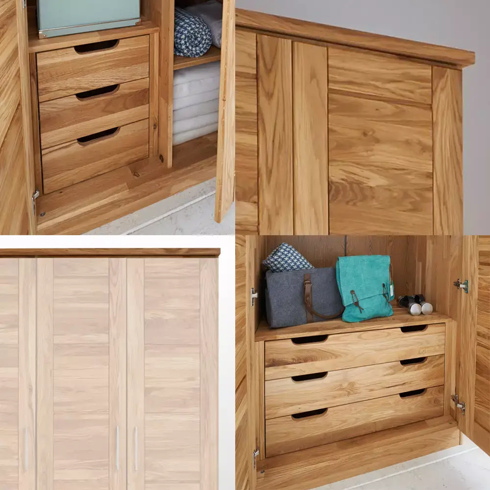 Lomadox 3-türiger Massivholz Kleiderschrank mit Kleiderstange und Schubkasteneinsätzen NORDDEICH-137 in Wildeiche massiv, B/H/T: ca. 143/210/61 cm Bis zu 50% Rabatt