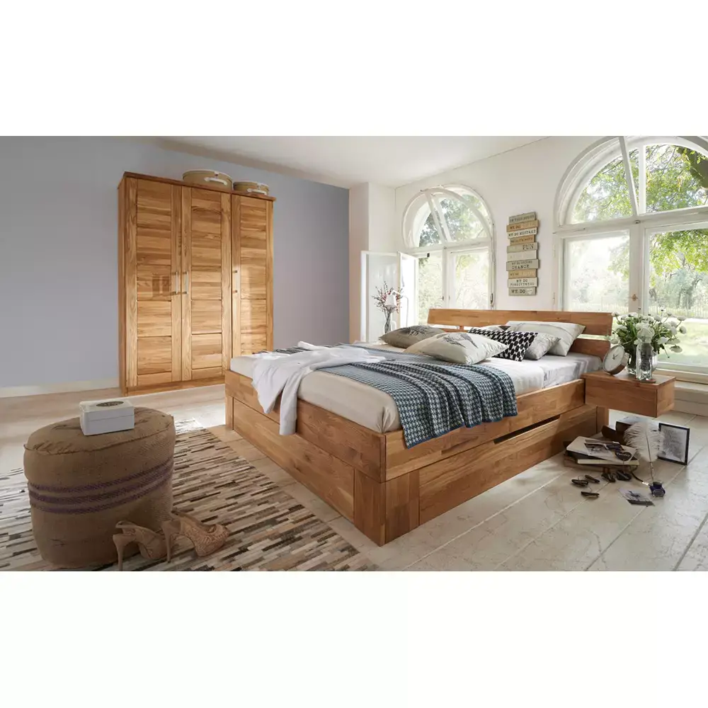 Lomadox 3-türiger Massivholz Kleiderschrank mit Kleiderstange und Schubkasteneinsätzen NORDDEICH-137 in Wildeiche massiv, B/H/T: ca. 143/210/61 cm Bis zu 50% Rabatt
