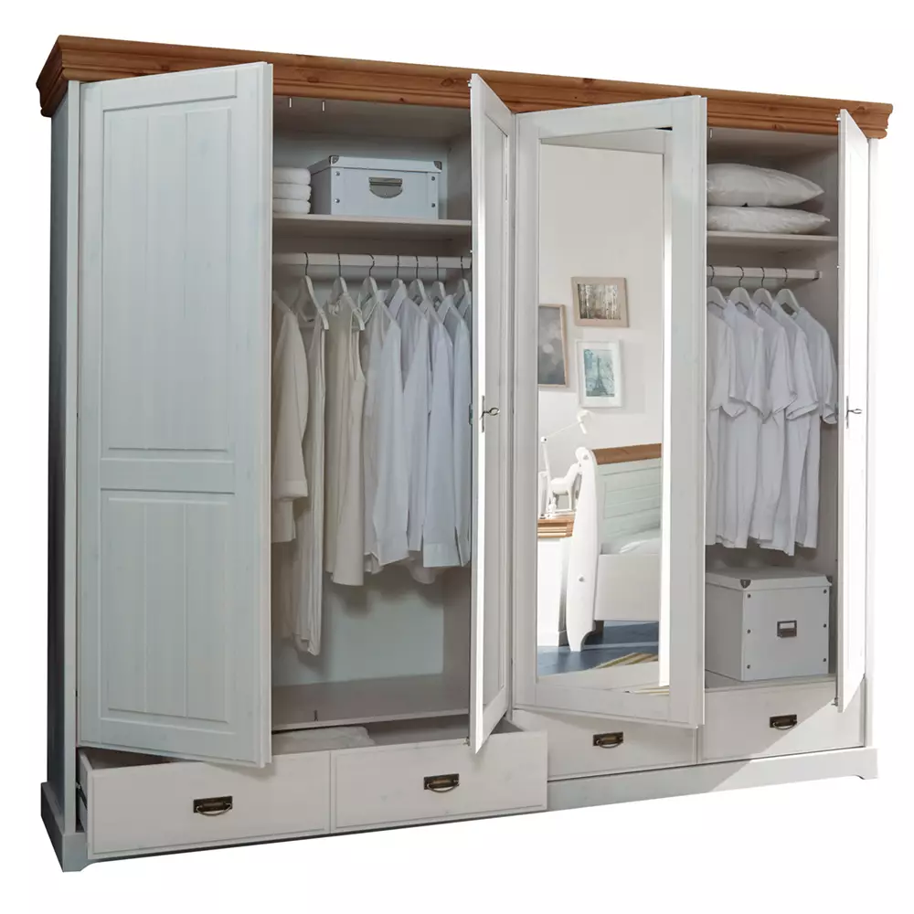 Lomadox 4-türiger Kleiderschrank SAVONA-69 in Kiefer massiv weiß mit honig, B/H/T: ca. 255/217/62 cm Bis zu 65% Rabatt