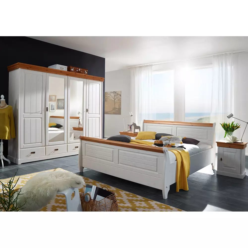 Lomadox 4-türiger Kleiderschrank SAVONA-69 in Kiefer massiv weiß mit honig, B/H/T: ca. 255/217/62 cm Bis zu 65% Rabatt