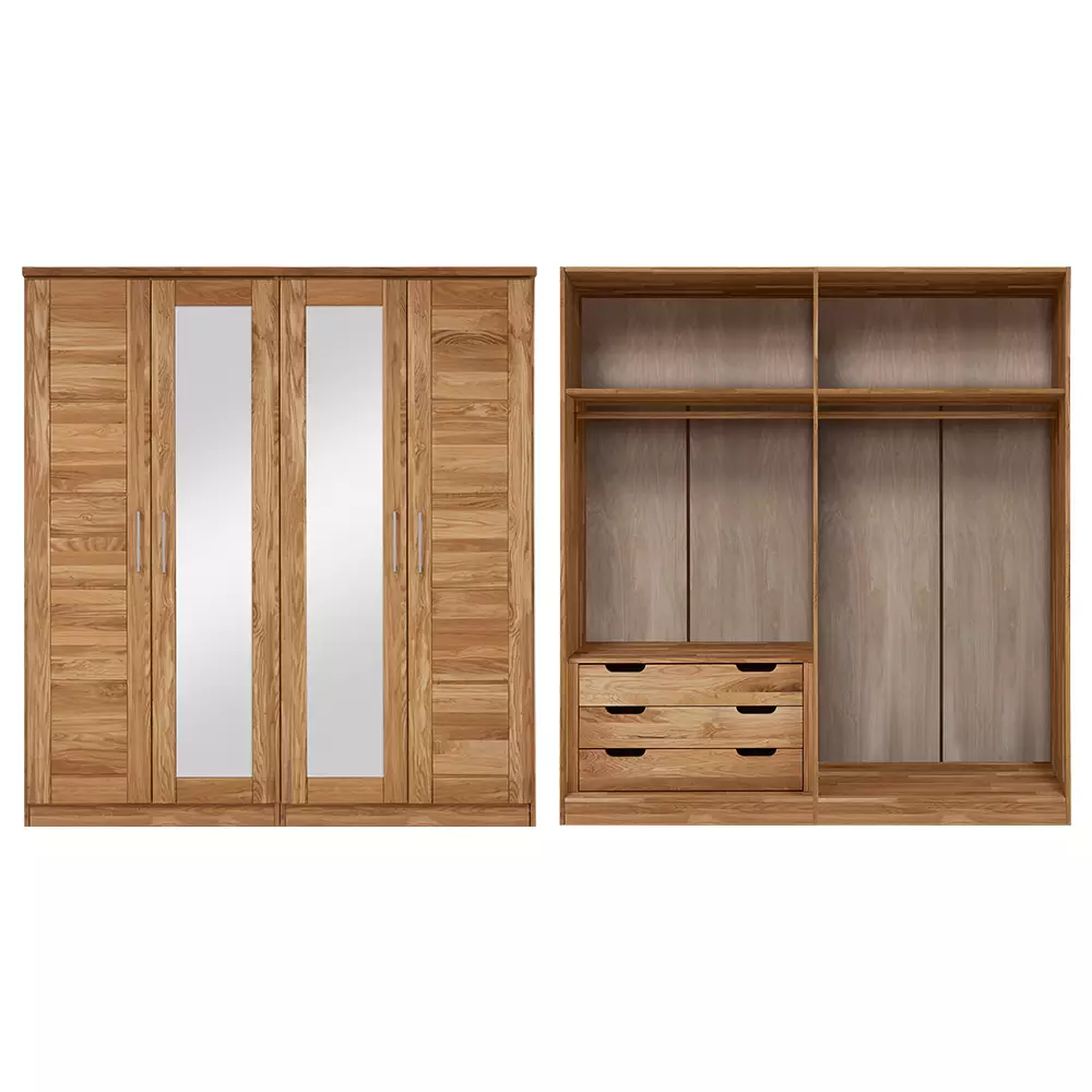 Lomadox 4-türiger Massivholz Kleiderschrank mit Kleiderstange und Schubkasteneinsatz NORDDEICH-137 in Wildeiche massiv, B/H/T: ca. 191/210/61 cm Nur für heute