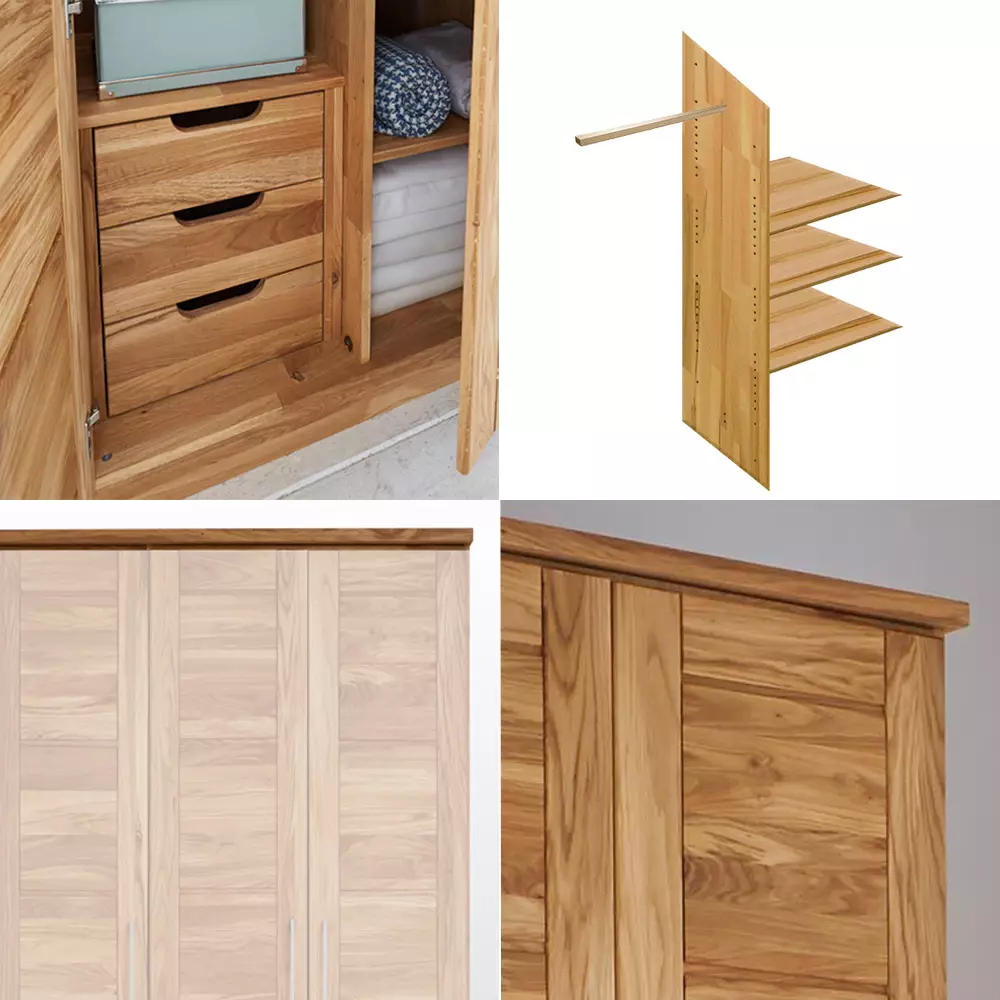 Lomadox 4-türiger Massivholz Kleiderschrank mit Kleiderstange, Schubkasteneinsatz und Einlegeböden NORDDEICH-137 in Wildeiche massiv, B/H/T: ca. 191/210/61 cm Sonderangebot der Fabrik