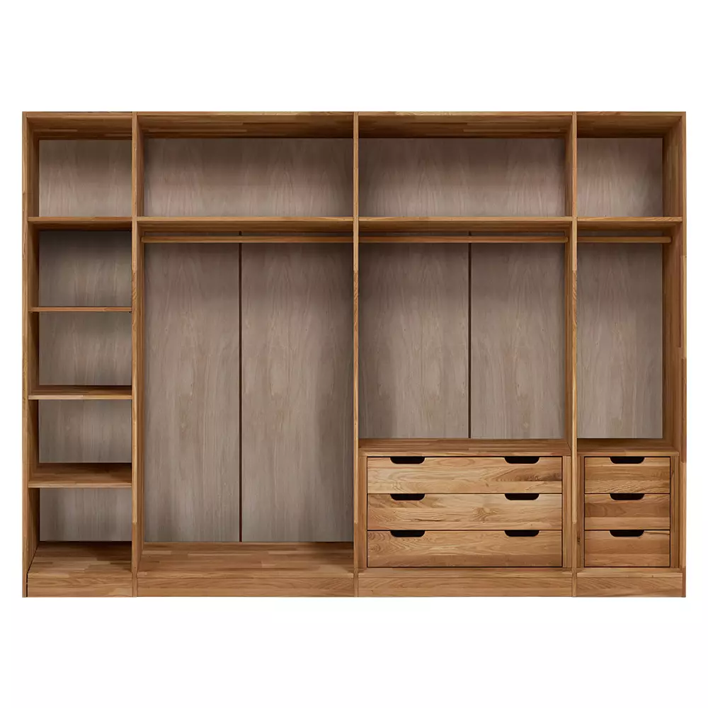 Lomadox 6-türiger Massivholz Kleiderschrank mit Kleiderstange, Schubkasteneinsätzen und Einlegeböden NORDDEICH-137 in Wildeiche massiv, B/H/T: ca. 285/210/61 cm Discount Store für neue Produkte