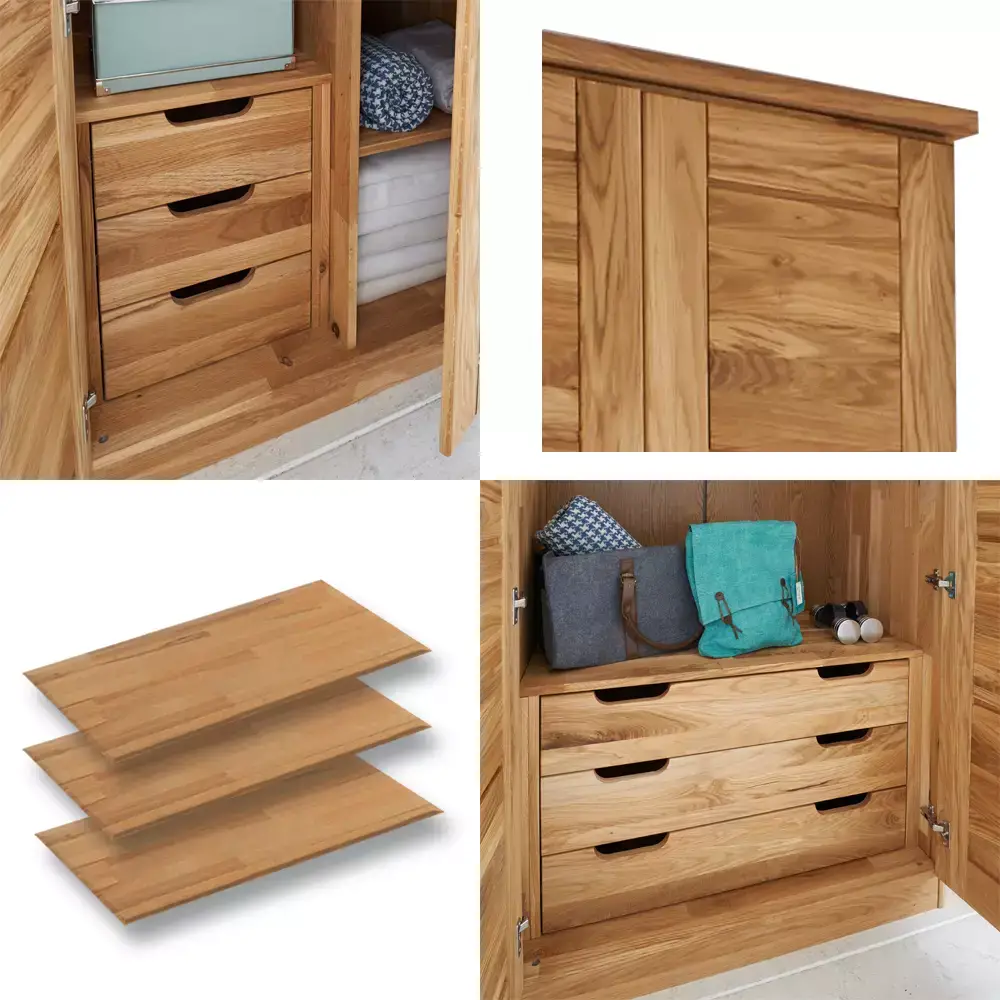 Lomadox 6-türiger Massivholz Kleiderschrank mit Kleiderstange, Schubkasteneinsätzen und Einlegeböden NORDDEICH-137 in Wildeiche massiv, B/H/T: ca. 285/210/61 cm Discount Store für neue Produkte