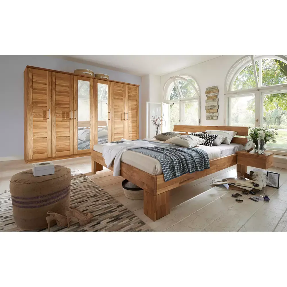 Lomadox 6-türiger Massivholz Kleiderschrank mit Kleiderstange, Schubkasteneinsätzen und Einlegeböden NORDDEICH-137 in Wildeiche massiv, B/H/T: ca. 285/210/61 cm Discount Store für neue Produkte