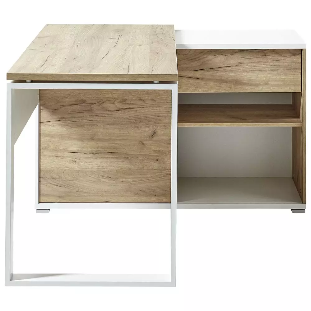 Lomadox Büro Eck-Winkelschreibtisch mit integriertem Sideboard GENT-01 in Navarra Eiche Nb. und weiß BxHxT ca. 120x75x117cm Clearance-Verkauf