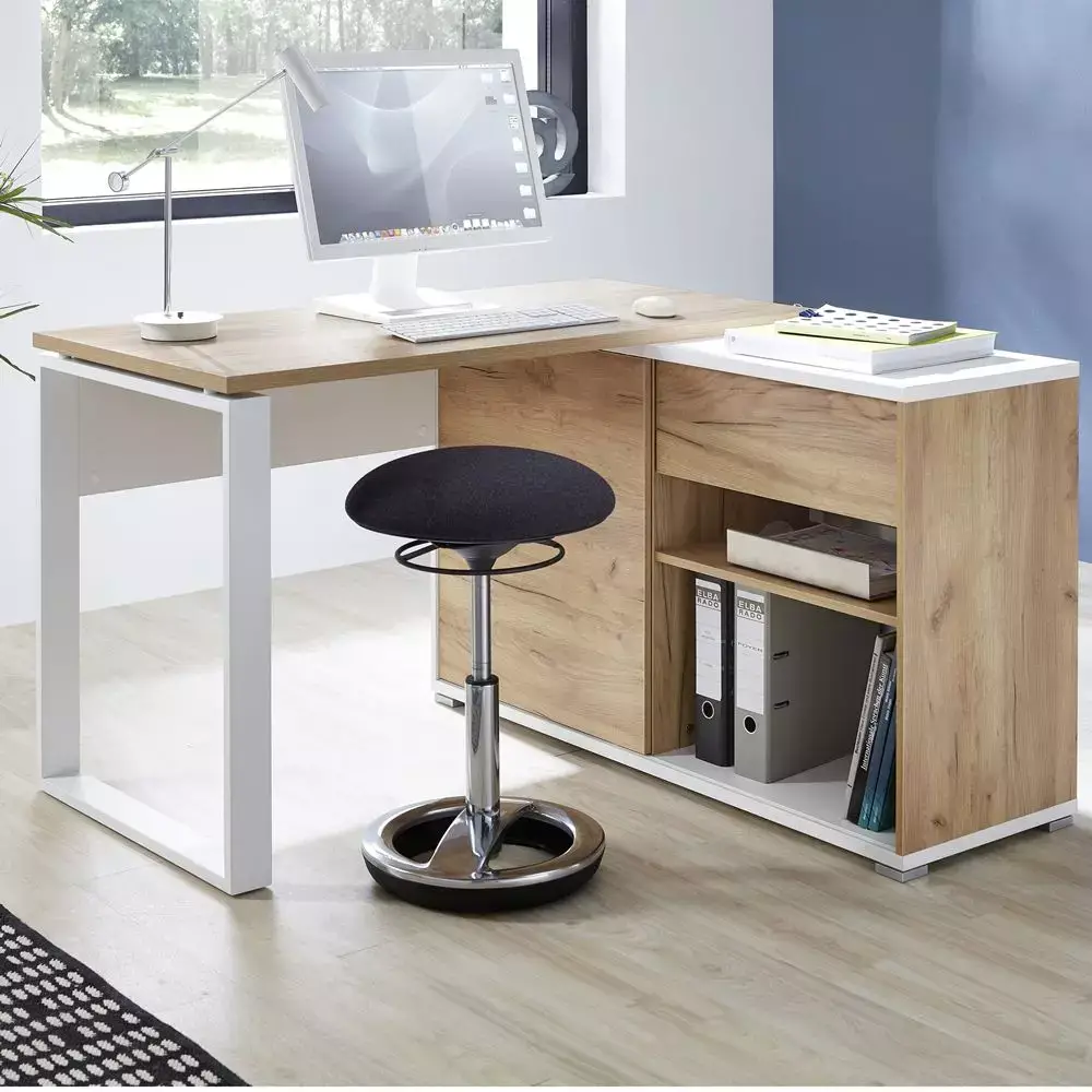 Lomadox Büro Eck-Winkelschreibtisch mit integriertem Sideboard GENT-01 in Navarra Eiche Nb. und weiß BxHxT ca. 120x75x117cm Clearance-Verkauf