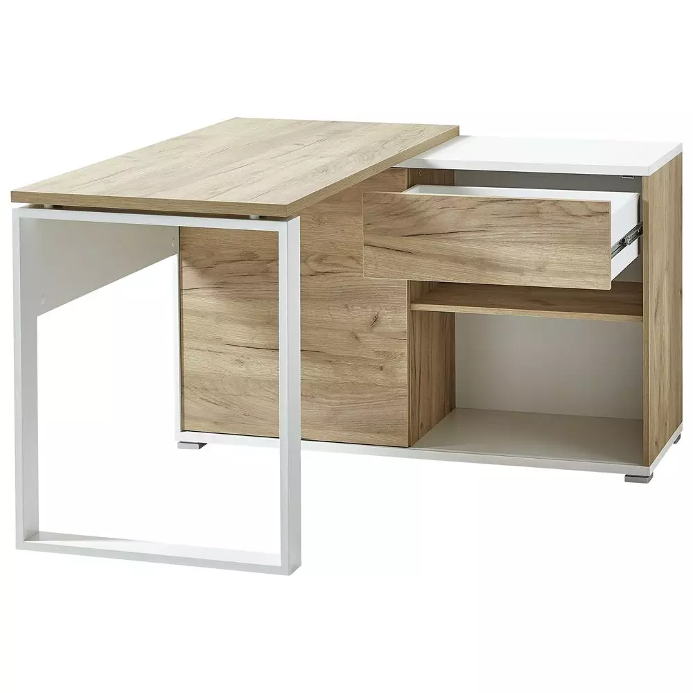 Lomadox Büro Eck-Winkelschreibtisch mit integriertem Sideboard GENT-01 in Navarra Eiche Nb. und weiß BxHxT ca. 120x75x117cm Clearance-Verkauf
