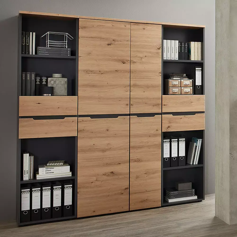 Lomadox Aktenregal mit 2 Schubladen, 45cm breit, graphit mit Eiche, MANRESA-36 Angebote