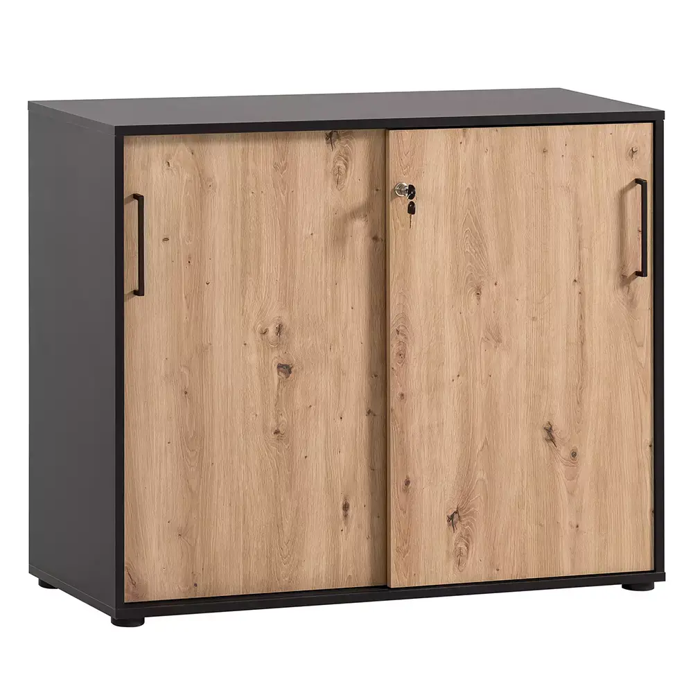 Lomadox Aktenschrank (3-teilig) in schwarz matt mit Eiche, ALNWICK-80 Fabrikverkauf