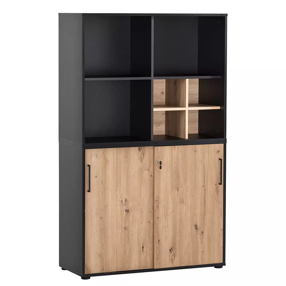 Lomadox Aktenschrank 100cm, schwarz matt mit Eiche, ALNWICK-80 Kostenloser Versand