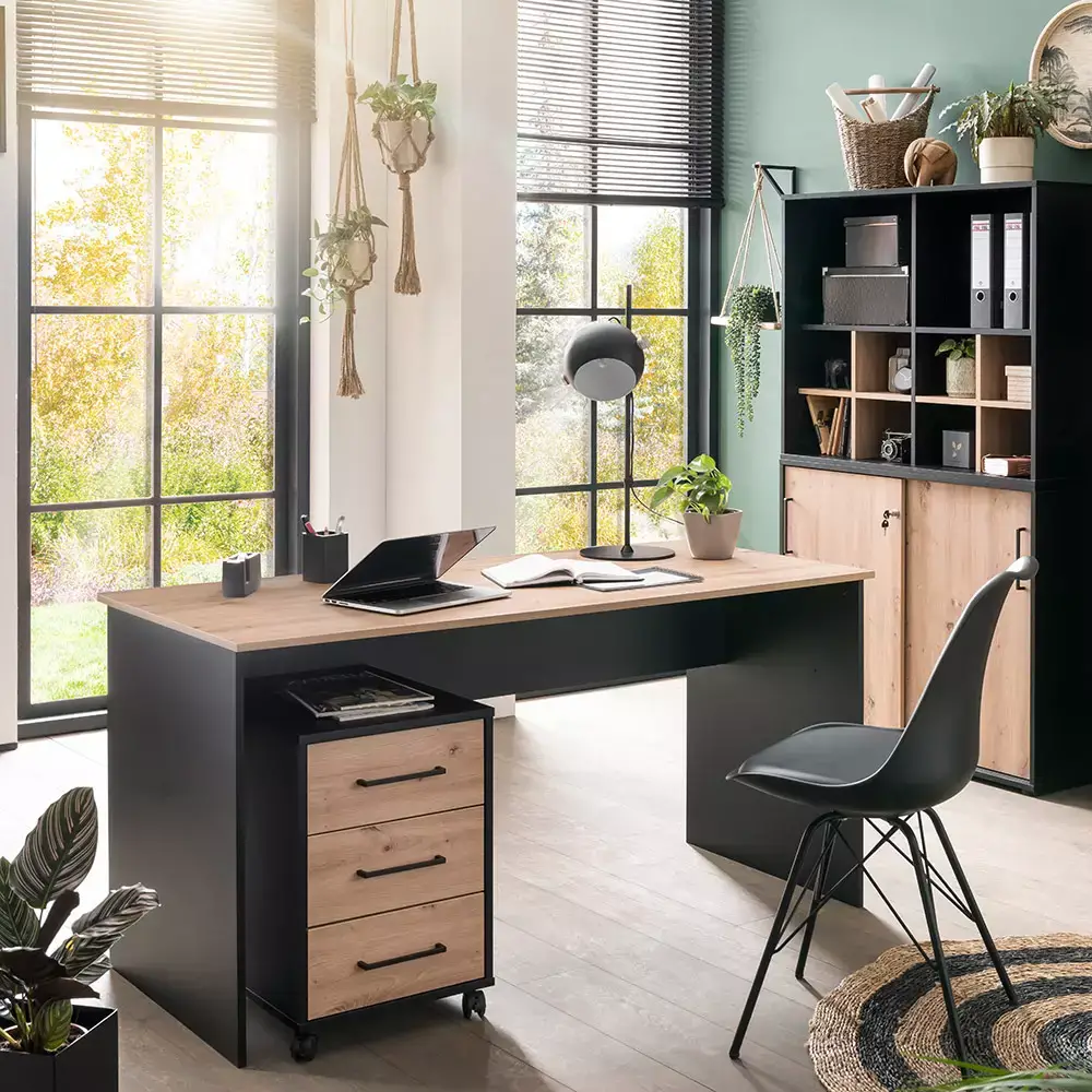Lomadox Aktenschrank 100cm, schwarz matt mit Eiche, ALNWICK-80 Kostenloser Versand