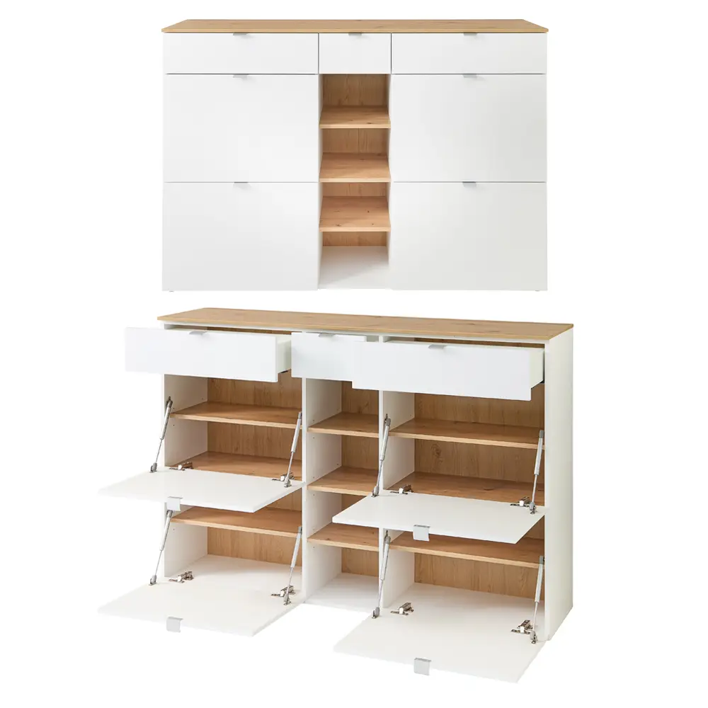 Lomadox Flurgarderobe 4-teilig mit Flurschrank weiß matt mit Eiche BLISS-36 Jubiläumsangebot