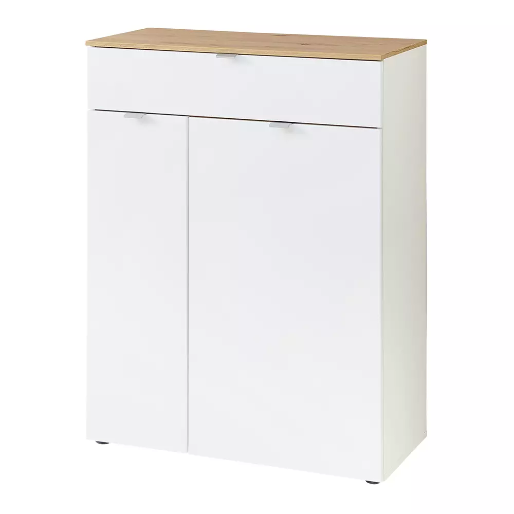 Lomadox Flurkommode mit Schubkasten weiß matt mit Eiche BLISS-36 Lagerräumung