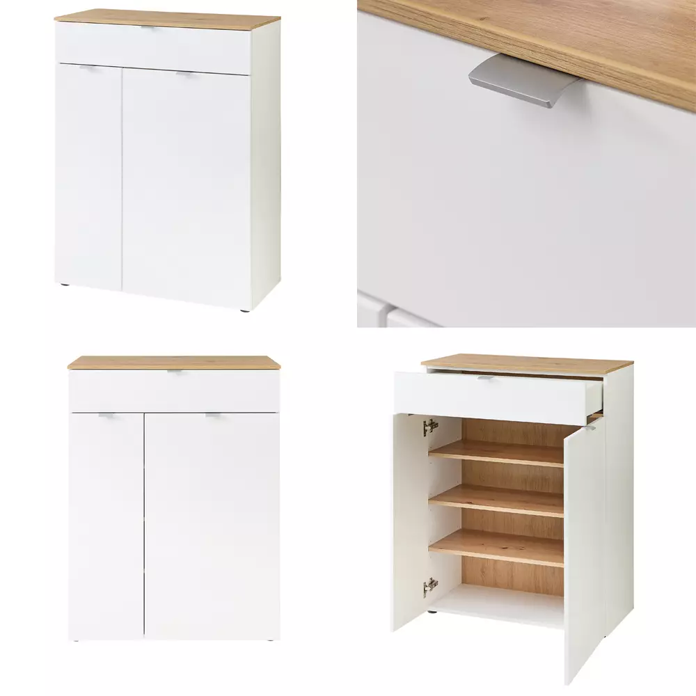 Lomadox Flurkommode und Garderobenspiegel weiß matt mit Eiche BLISS-36 Neueste Mode