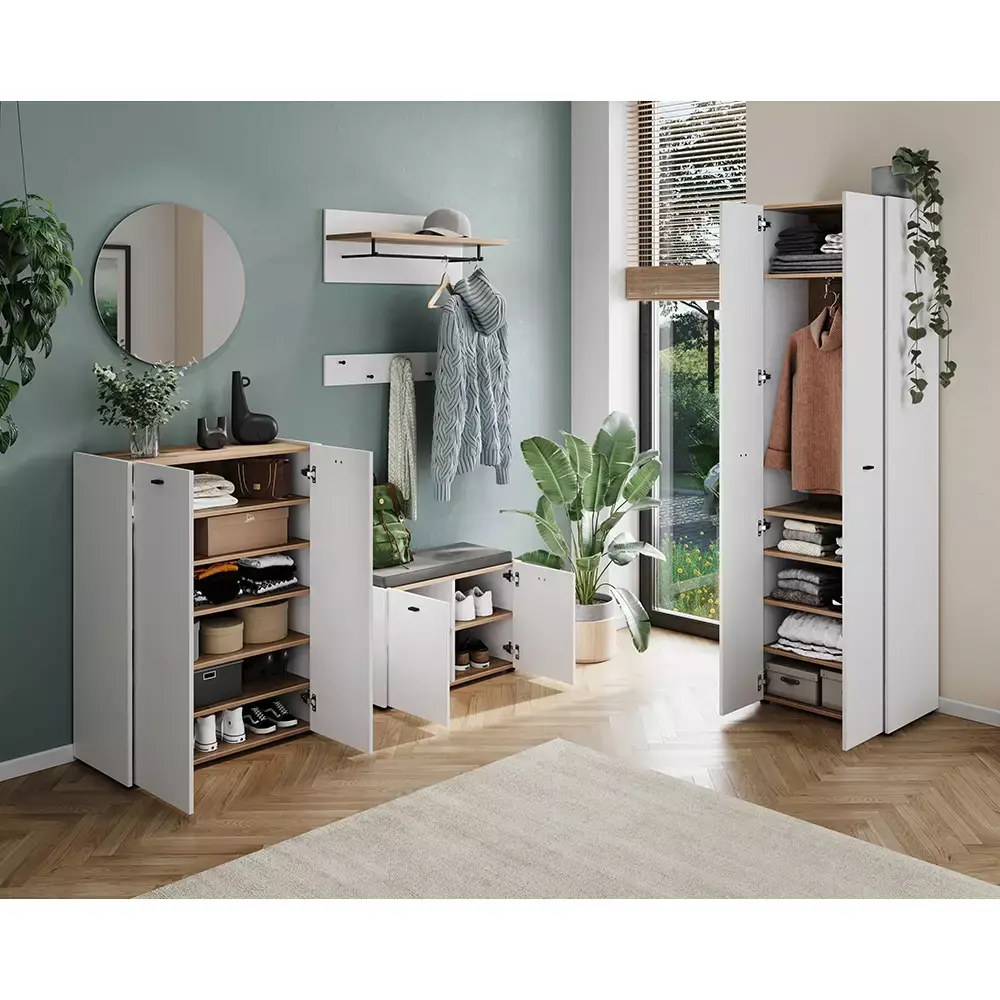 Lomadox Flurschrank 2-türig, weiß mit Eiche, LASARI-01 Wochenangebot