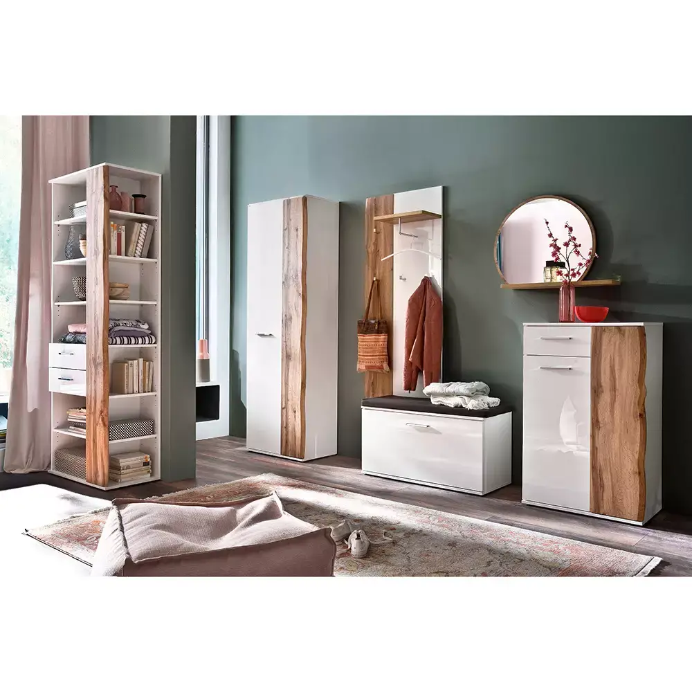 Lomadox Flurschrank Regal, weiß Hochglanz mit Eiche, GUARDA-05 JETZT KAUFEN