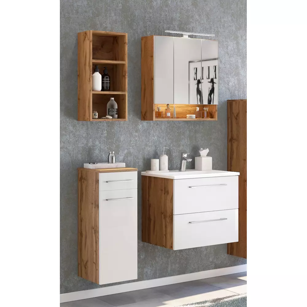 Lomadox Badezimmer Set 4-tlg. mit Beleuchtung und Waschbecken LOUNY-03 in Wotaneiche Nb. mit matt weiß, B/H/T: ca. 110/200/48 cm Bis zu 60% Rabatt