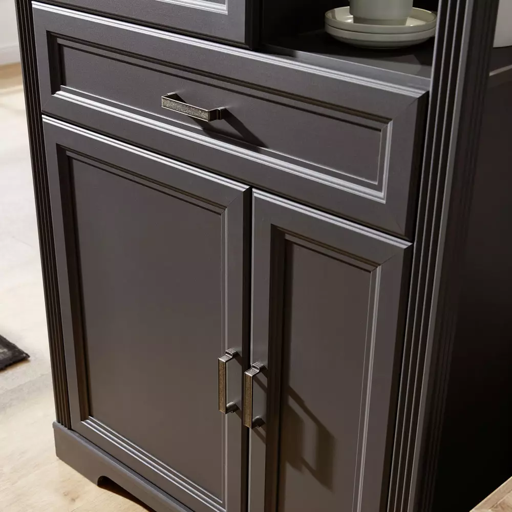 Lomadox Großes Landhaus Highboard JÜLICH-36 im Dekor Graphit und Deckplatte Artisan Eiche Nb. inkl. LED B/H/T: 143/150/42 cm Auslauf