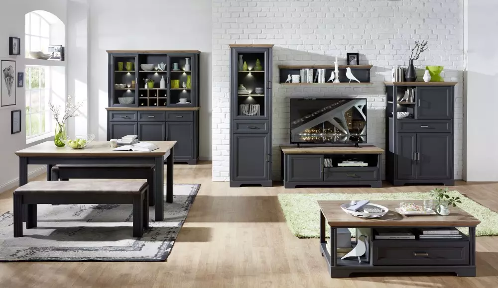 Lomadox Großes Landhaus Highboard JÜLICH-36 im Dekor Graphit und Deckplatte Artisan Eiche Nb. inkl. LED B/H/T: 143/150/42 cm Auslauf