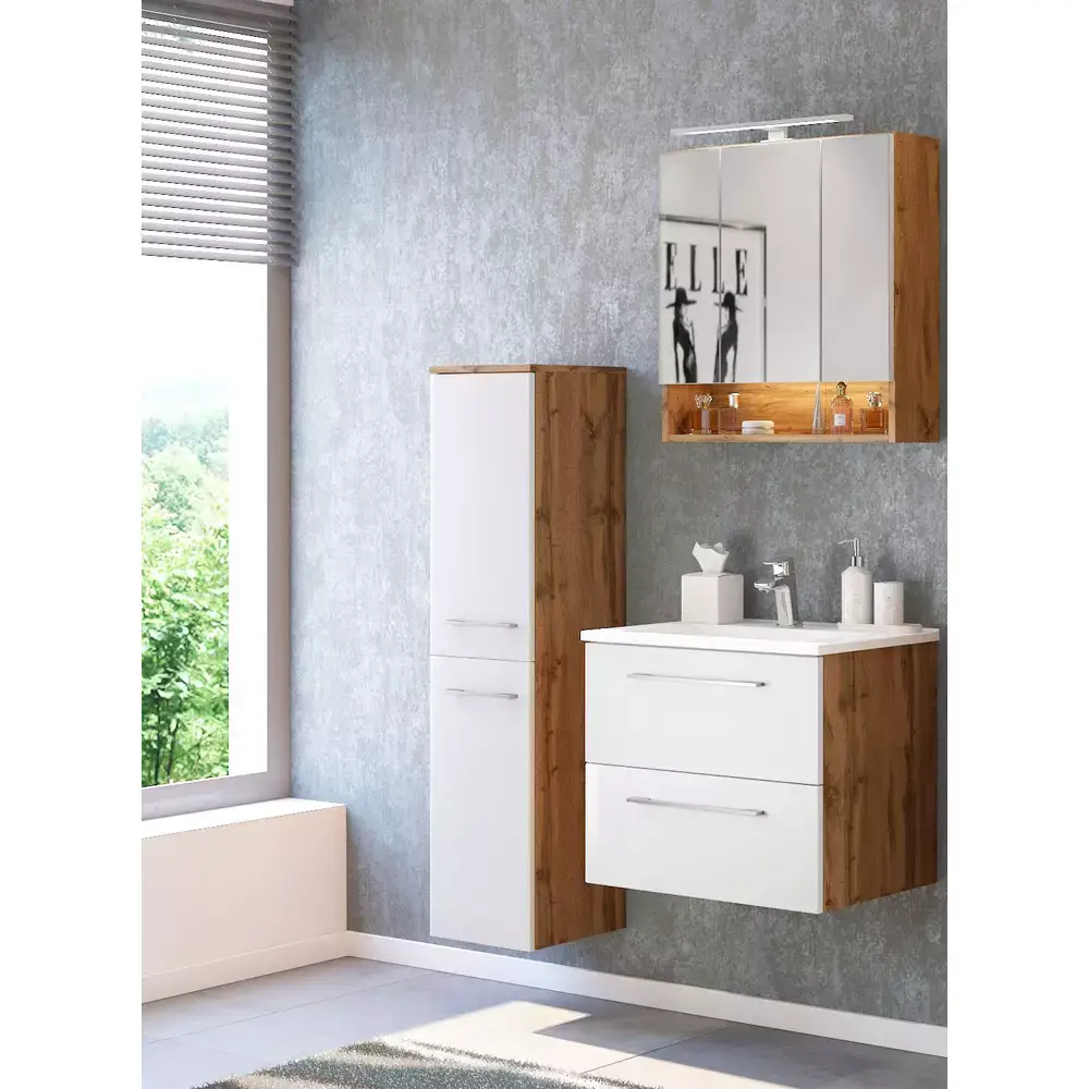 Lomadox Badmöbel Serie LOUNY-03 in Wotaneiche Nb. mit matt weiß - selbst zusammenstellen Fabrikpreis