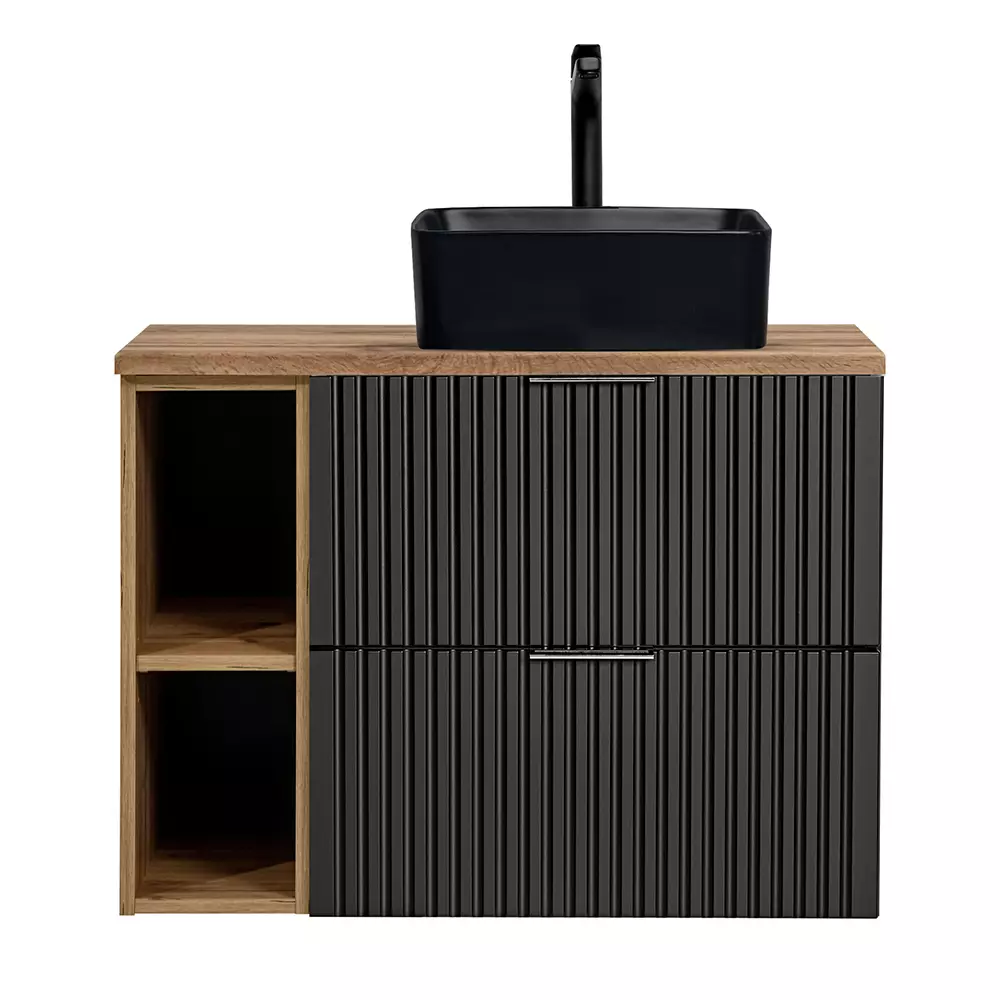 Lomadox Badezimmermöbel Serie ADELAIDE-56-BLACK in matt schwarz mit Eiche Nb., Fronten gerillt - selbst zusammenstellen Online Shopping