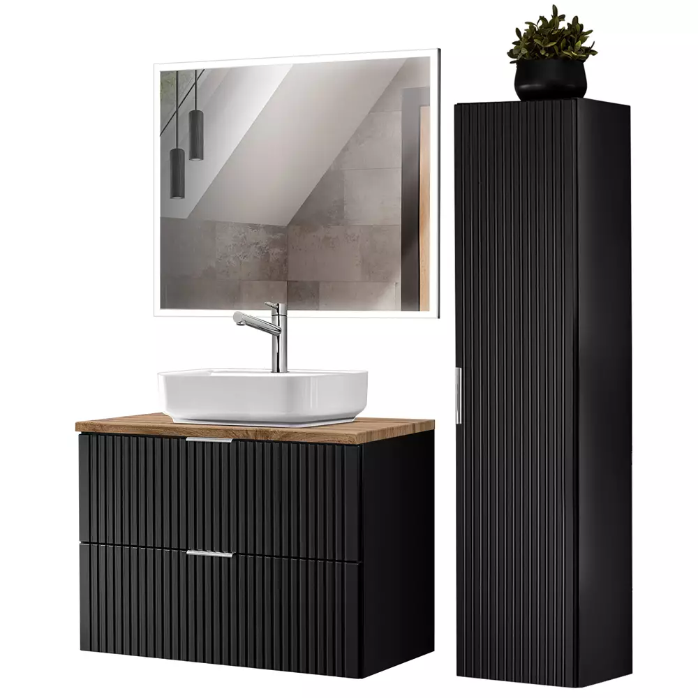Lomadox Badezimmermöbel Serie ADELAIDE-56-BLACK in matt schwarz mit Eiche Nb., Fronten gerillt - selbst zusammenstellen Online Shopping
