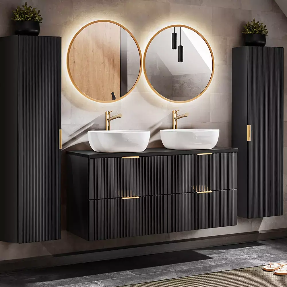 Lomadox Badezimmermöbel Serie ADELAIDE-56-BLACK in matt schwarz mit Eiche Nb., Fronten gerillt - selbst zusammenstellen Online Shopping
