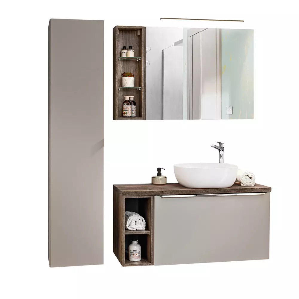 Lomadox Badmöbel Serie PUEBLA-56-TAUPE in taupe mit Vintage Eiche - selbst zusammenstellen Preisnachlass