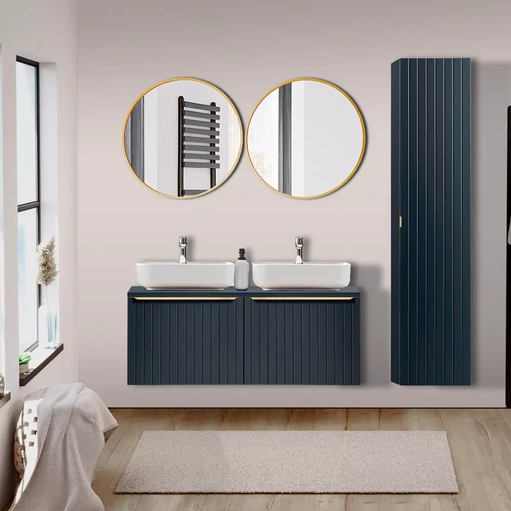 Lomadox Badezimmer Möbel Serie PUEBLA-56-BLUE in Indigo Blau mit goldenen Griffen - selbst zusammenstellen Saisonschlussverkauf