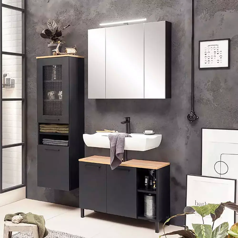 Lomadox Badmöbel Serie MASON-80 in schwarz matt mit Eiche - selbst zusammenstellen Top Angebot