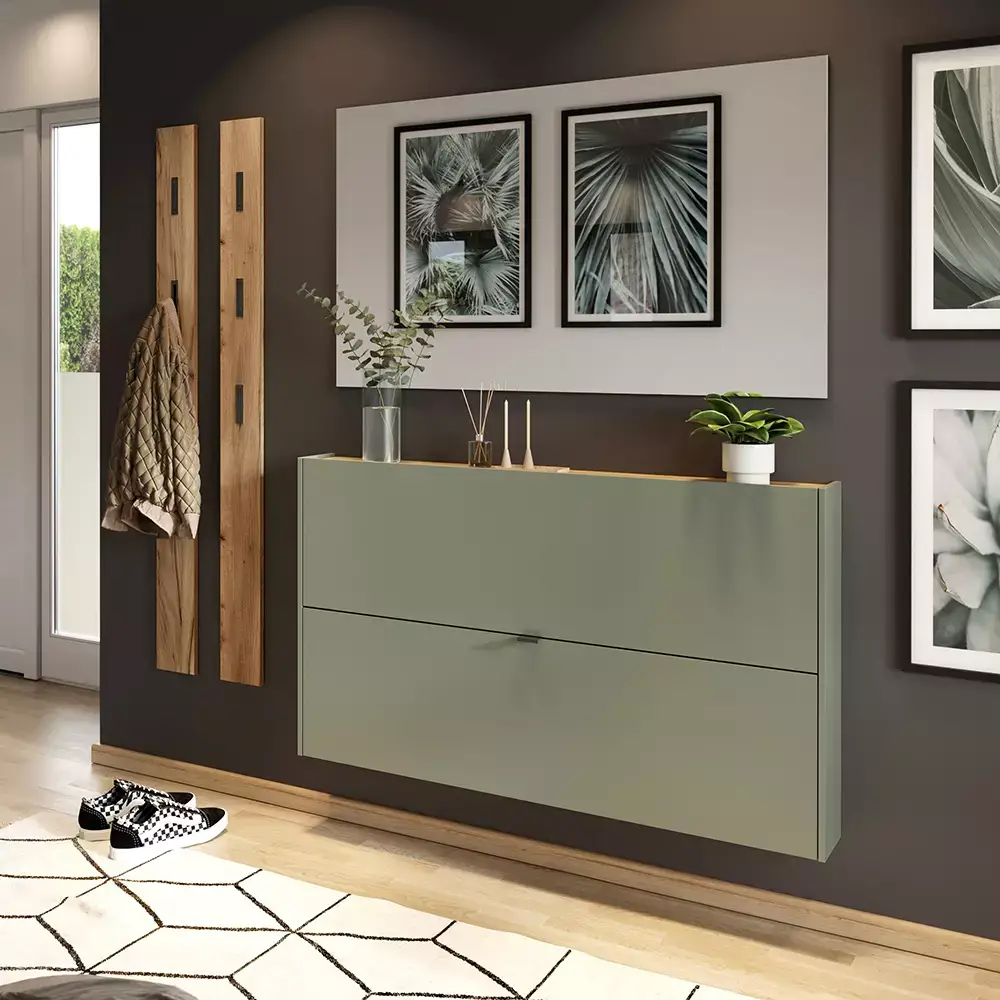 Lomadox Flurschrank Schuhschrank 140cm in grün mit Eiche ABERDEEN-01 ideal für schmale Flure Zeitlich begrenztes Angebot