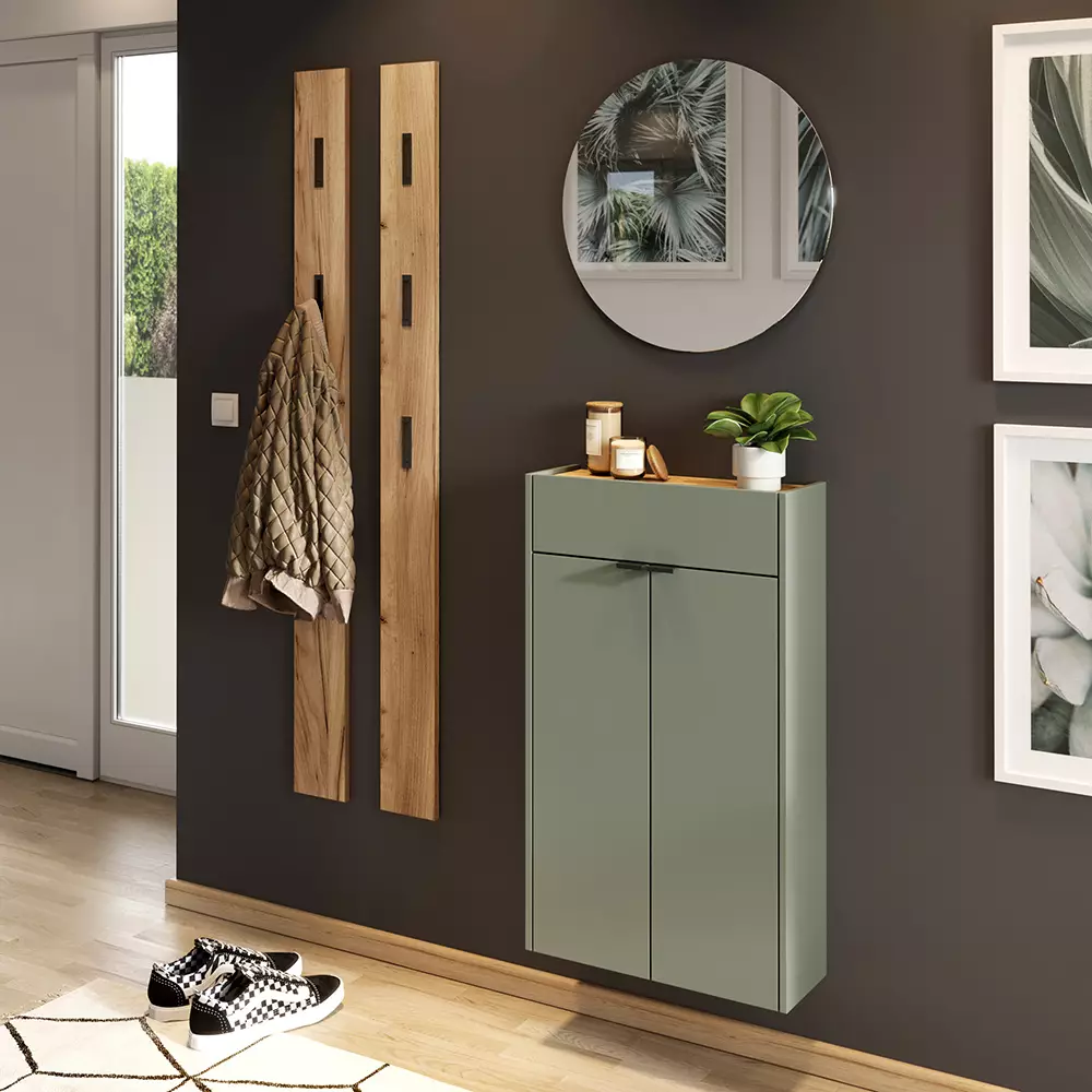 Lomadox Flurschrank Schuhschrank 56cm in grün mit Eiche ABERDEEN-01 ideal für schmale Flure, B/H/T ca. 56/97/22 cm Blitzangebot