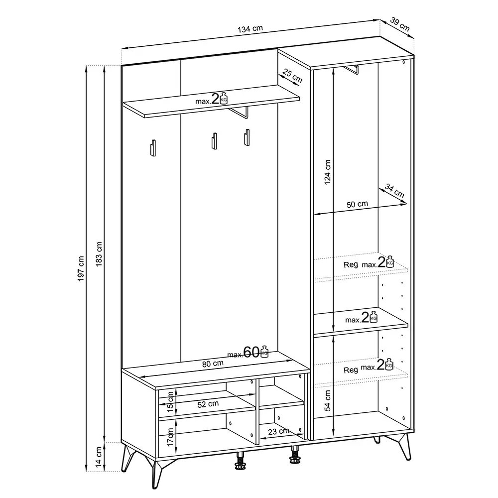 Lomadox Garderobe mit Sitzbank inklusive Polster schwarz, Eiche DALE-160 50% Rabatt mit kostenlosem Versand